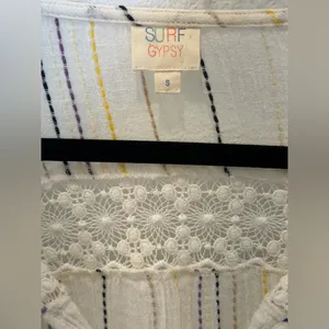 Surf Gypsy Boho Gauze Stripe Bell Sleeve Blouse Crochet Tassel V-Neck Top Small thumbnail 9