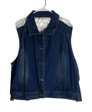 Indigo Thread Co. Women's Denim Vest Crochet Lace Back Blue Size XL thumbnail 1