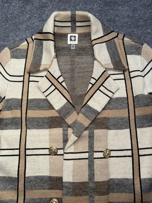 Anne Klein Plaid Double-Breasted Pea Coat in Cream & Tan thumbnail 3