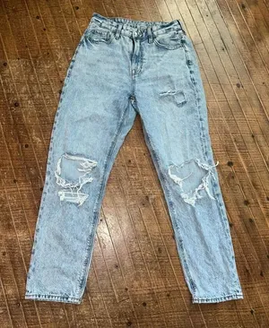 American Eagle light wash destroyed relaxed mom jeans thumbnail 1