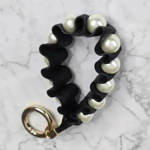 Black Faux Leather Pearl Accent Circle Clip Hook Wristlet‎ Keychain thumbnail 3
