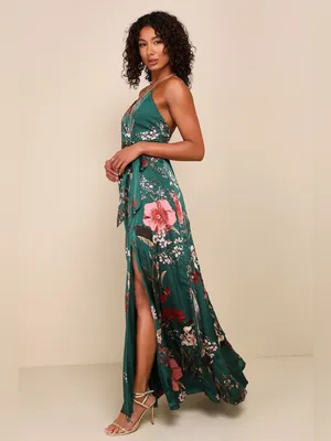Lulus Still the One Emerald Green Floral Print Satin Maxi Dress Size Large NWT thumbnail 3