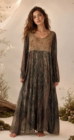 Vintage Classique Brown Animal Print Maxi Dress Womens M Long Sleeve Rayon Boho thumbnail 1