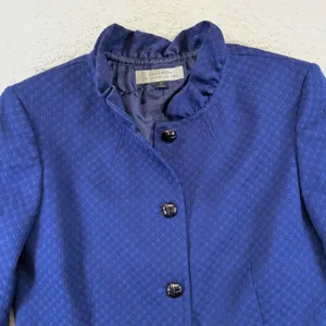 Vintage Tahari Levine Womens Blue Textured Ruffle Neck Button Blazer Jacket 10 thumbnail 3