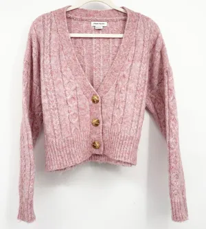Urban Revivo Women Pink Cable Knit Coquette Cropped Fisherman Cardigan Sweater 6 thumbnail 1