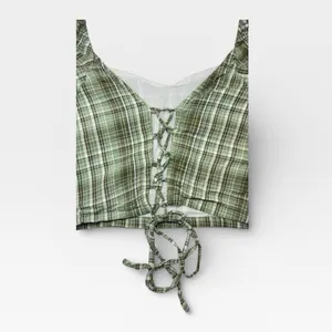 Dizzy Lizzy Green Plaid Milkmaid Corset Puff Sleeve Crop Top Medium thumbnail 4