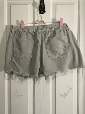 aerie Light Gray Distressed Denim Shorts with Frayed Hem thumbnail 3