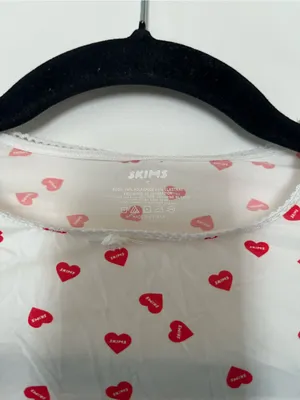 SKIMS White Red Heart Print Sheer Mesh Fits Everybody Picot Crop Tee Small thumbnail 4