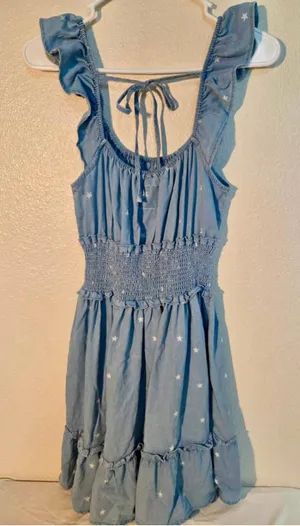 Threadgrit Star Print Ruffle Sleeve Smocked Waist Chambray Mini Dress Small W263 thumbnail 1