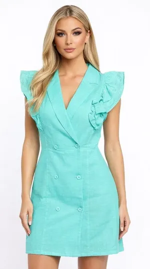 Strut & Bolt Turquoise Linen Blend Mini Dress Size S Ruffle Sleeve Blazer Style thumbnail 1