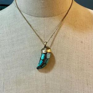 Tibetan brass mosaic Horn Pendant necklace thumbnail 2