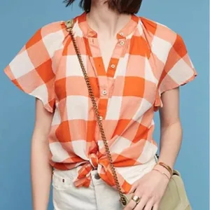 Anthropologie Maeve Womens Flutter Sleeve Button Up Gingham Plaid Blouse Size XS thumbnail 1