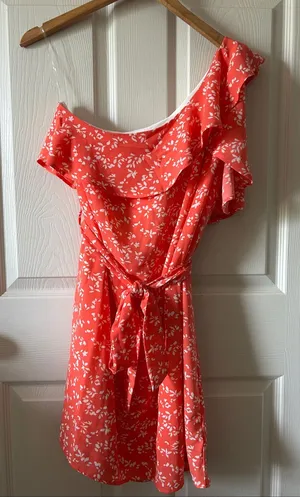 Gilli Sunday Best Floral Ruffle One Shoulder Coral Belted Dress Sz Med Fairycore thumbnail 1