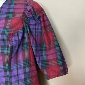 Zara Plaid Puff Sleeve Blouse‎ Women Size Medium Purple Red V-Neck Button Front thumbnail 12