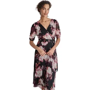 NWT DKNY Tie-Waist Ruched Puff Sheer Sleeves Dress Raisin Purple Multi 4 thumbnail 3
