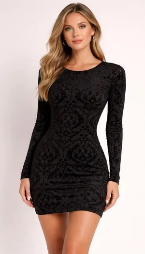 Windsor women’s Size S Black Velvet Burnout Bodycon Dress Long Sleeve(E38)✨ thumbnail 1