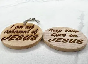 Keep Your Eyes on Jesus Romans 1:16 Wood Ball Chain Keychain Keyring and Disk thumbnail 3