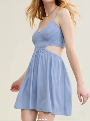 Aerie Womens Smocked Cut Out Mini Dress Blue Medium New With Tags thumbnail 1