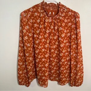 J. Crew Factory Women's Smocked Shirt Orange Floral‎ Long Sleeve Mock Neck AS356 thumbnail 3