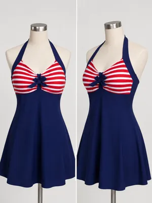 #S41 Navy Halter Swim Dress with Red & White Striped Bust - M thumbnail 2