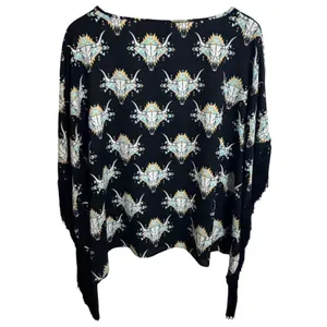 Ariat Poncho Sz L Black Steer Skull Geometric Fringe Western Festival Top‎ thumbnail 2