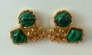 Tory Burch | Gold Plated Earrings with Green Malachite-Style Stones | Small/Med thumbnail 1