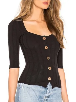 Free People Central Park Women's Black Ribbed Button-Front Top Size XS thumbnail 14