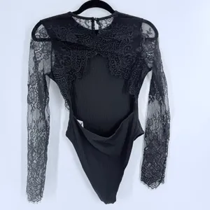 SheIn Women’s Black Lace Long Sleeve Cut Out Back Bodysuit Size Medium thumbnail 4