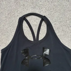 Under Armour Heat Gear Black Gloss Logo Strappy Racerback Cutout Tank Top thumbnail 3