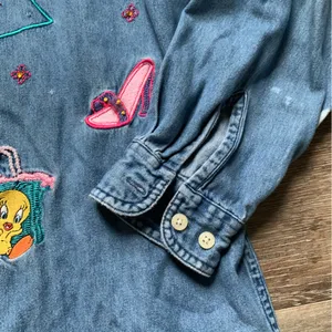 Vintage Looney Tunes Tweety Bird Oversized Denim Button Down Shirtt L thumbnail 3