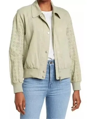 7 For All Mankind Eyelet Sleeve Bomber Jacket Womens Sage‎ Green Medium (T1) thumbnail 1