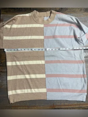 Women's Two-Tone Striped Crewneck Sweater - Beige & Light Blue thumbnail 4