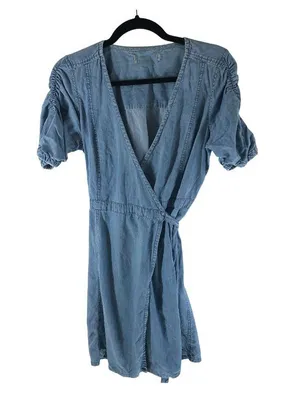 Frame Chambray Wrap Dress Ruched Sleeve Mini Blue M? thumbnail 1