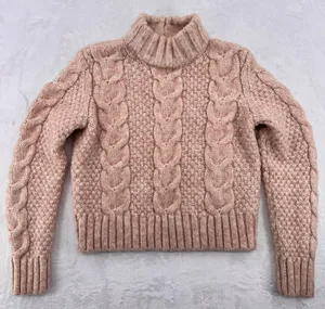 AEO Cropped Cable Knit Sweater Beige Peach American Eagle Mock Neck Wool Blend S thumbnail 1