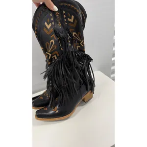 Women's Black Western Fringe Cowboy Boots Embroidered Pointed Toe Block Heel 8.5 thumbnail 4