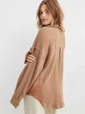 Aerie LumberJane Waffle Shirt Oversized Shacket in Beach Dune Size XXL thumbnail 7