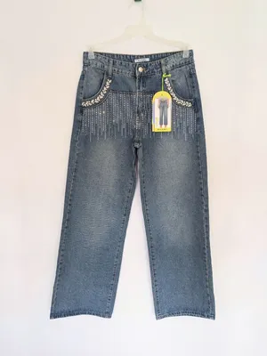 Rhinestone Embellished Wide Leg Jeans Dark Wash Bling Denim Size M thumbnail 3