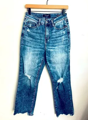 Judy Blue Cropped Bootcut Jean Distressed Stretch High Rise Chewed Hem Boho 7/28 thumbnail 2
