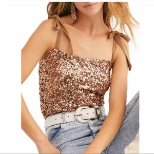Free People Medium Hey Girl Camisole Brown Gold Tie Shoulder Sequined Cami thumbnail 1