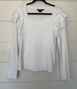 Veronica Beard Women’s Large White Ribbed Ruffle Longsleeve Top Blouse thumbnail 1