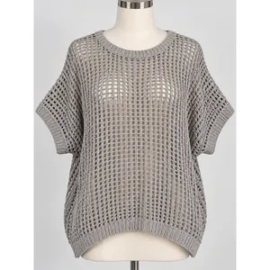 Women's Grey Open Knit Crochet Short Sleeve Sweater Top Small NEW with tags thumbnail 2