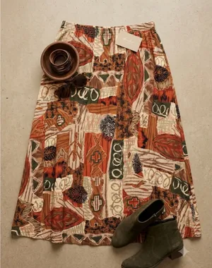Vintage 90s Midi Abstract Geometric Print Skirt Elastic‎ Waist Brown Large thumbnail 1