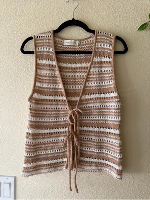 Charleston Stroll Top - Striped Crochet Tie-Front Camisole in Beige and Cream thumbnail 3