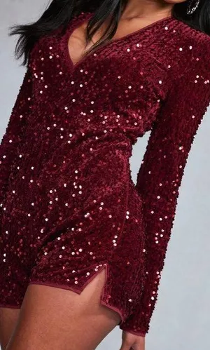 Burgundy Velvet Sequin Plunge Long Sleeve Romper thumbnail 2