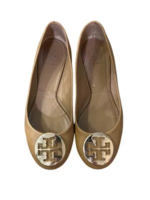 Tory Burch Reva Women’s 8.5 Royal Tan / Gold Metallic Leather Ballet Flats Used thumbnail 2