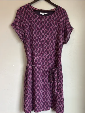 Boden Purple Pink Berry Floral Short Sleeve Belted Dress US 12 Long thumbnail 1