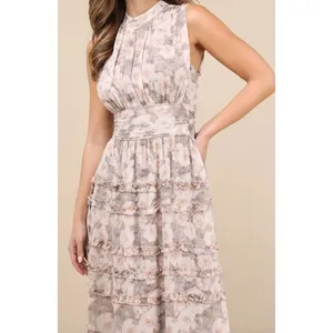 Lulus Happily Sweet Beige Floral Mock Neck Backless Midi Dress Cocktail S NWT thumbnail 4