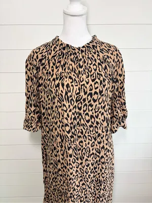 Anthropologie Mackenzie Leopard Print Dress Short Sleeve Midi Mock Neck Size L thumbnail 3
