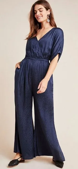 Anthropologie Maeve Jaqueline Jacquard Jumpsuit Leopard Print Navy Blue Size‎ XL thumbnail 1
