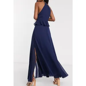 ASOS Navy Chiffon Ruffle Waist Halter Sleeveless Lined Maxi Dress Size 10 thumbnail 3